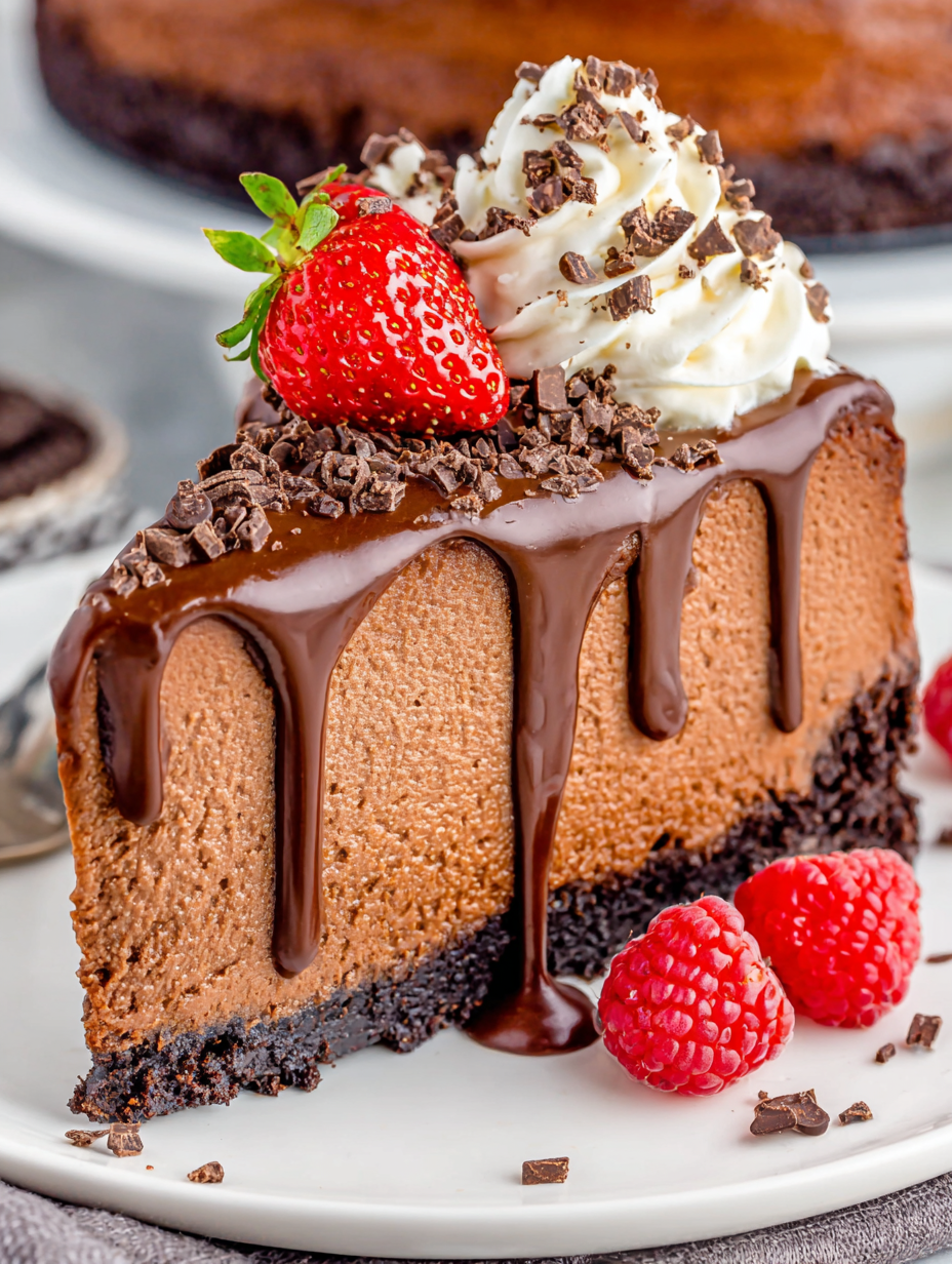 Silky chocolate ganache poured over cheesecake