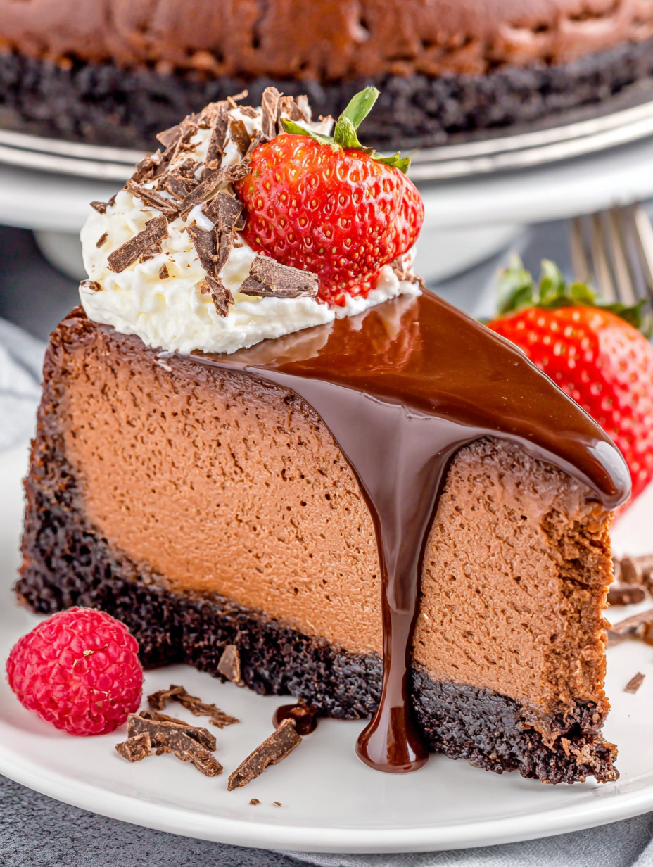 Sliced chocolate cheesecake with berries