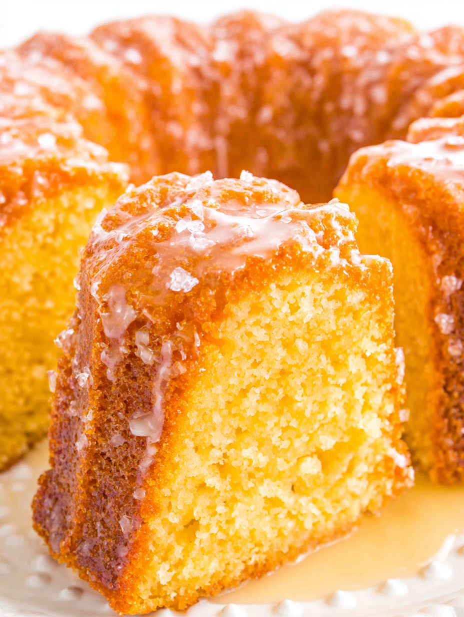Slice of rum soaked Bundt cake