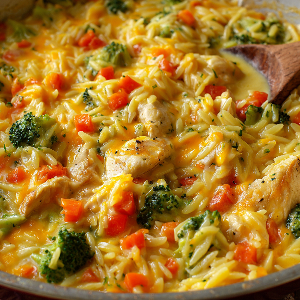 One-Pan Chicken Broccoli Cheddar Orzo