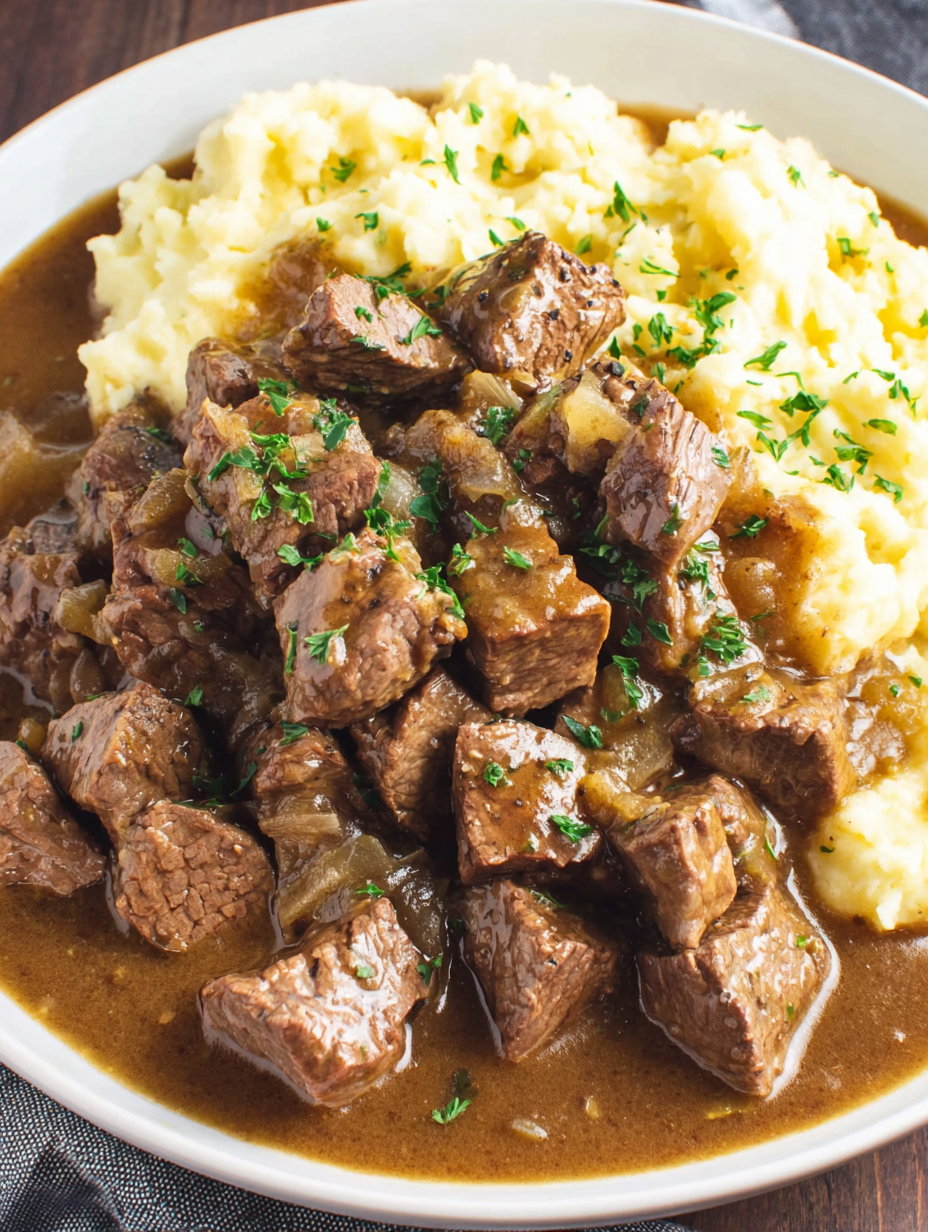 Bowl of beef tips in gravy