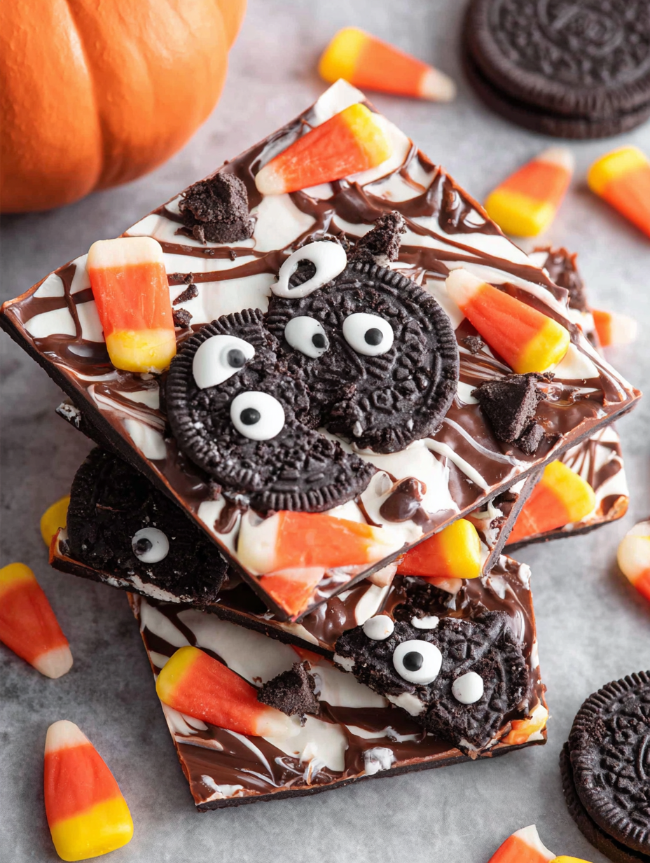 Halloween candy bark with candy corn and Oreo eyes