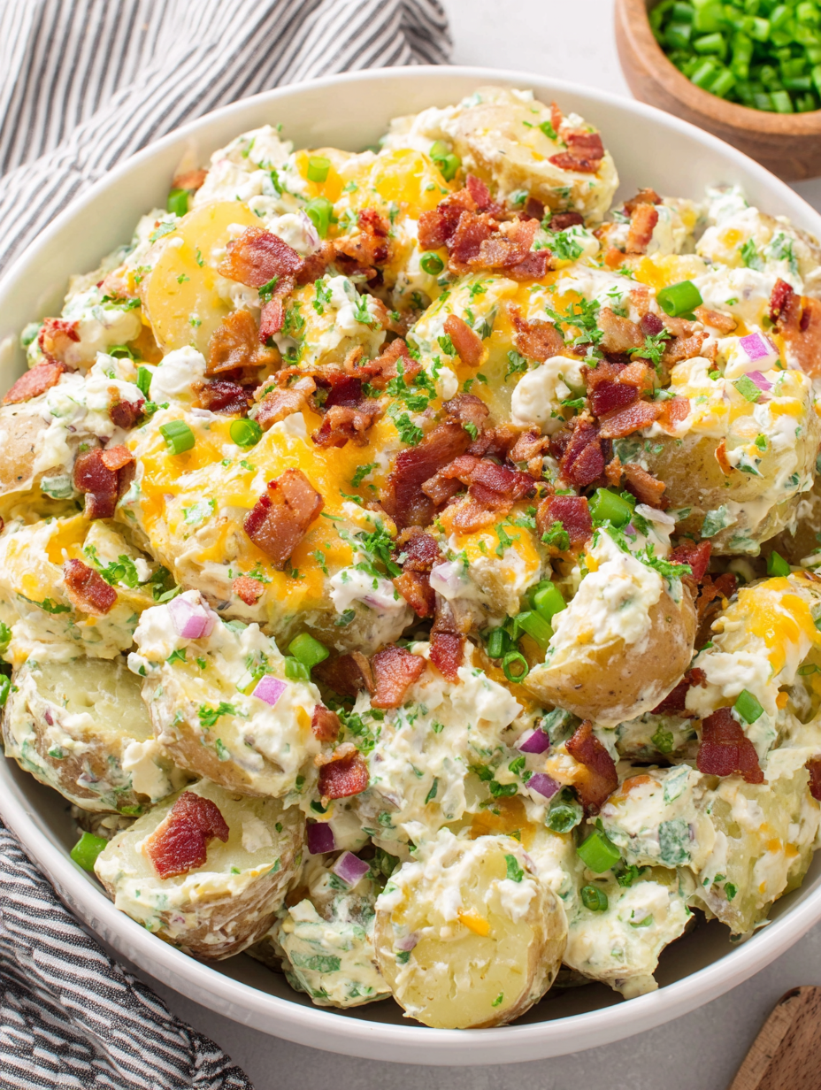Jalapeno Popper Potato Salad in bowl with bacon and green onions