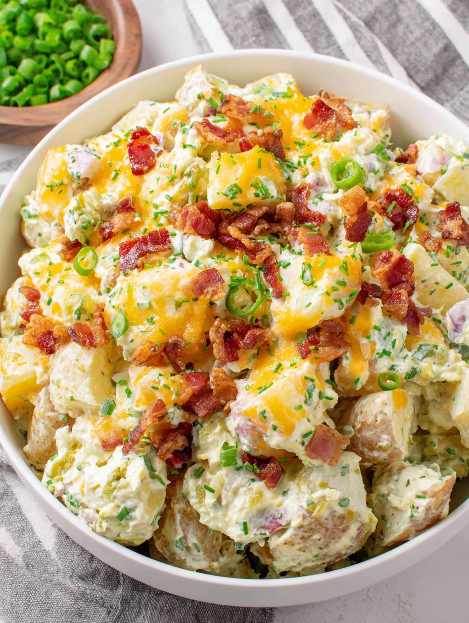 Close up of creamy potato salad with jalapenos and cheddar
