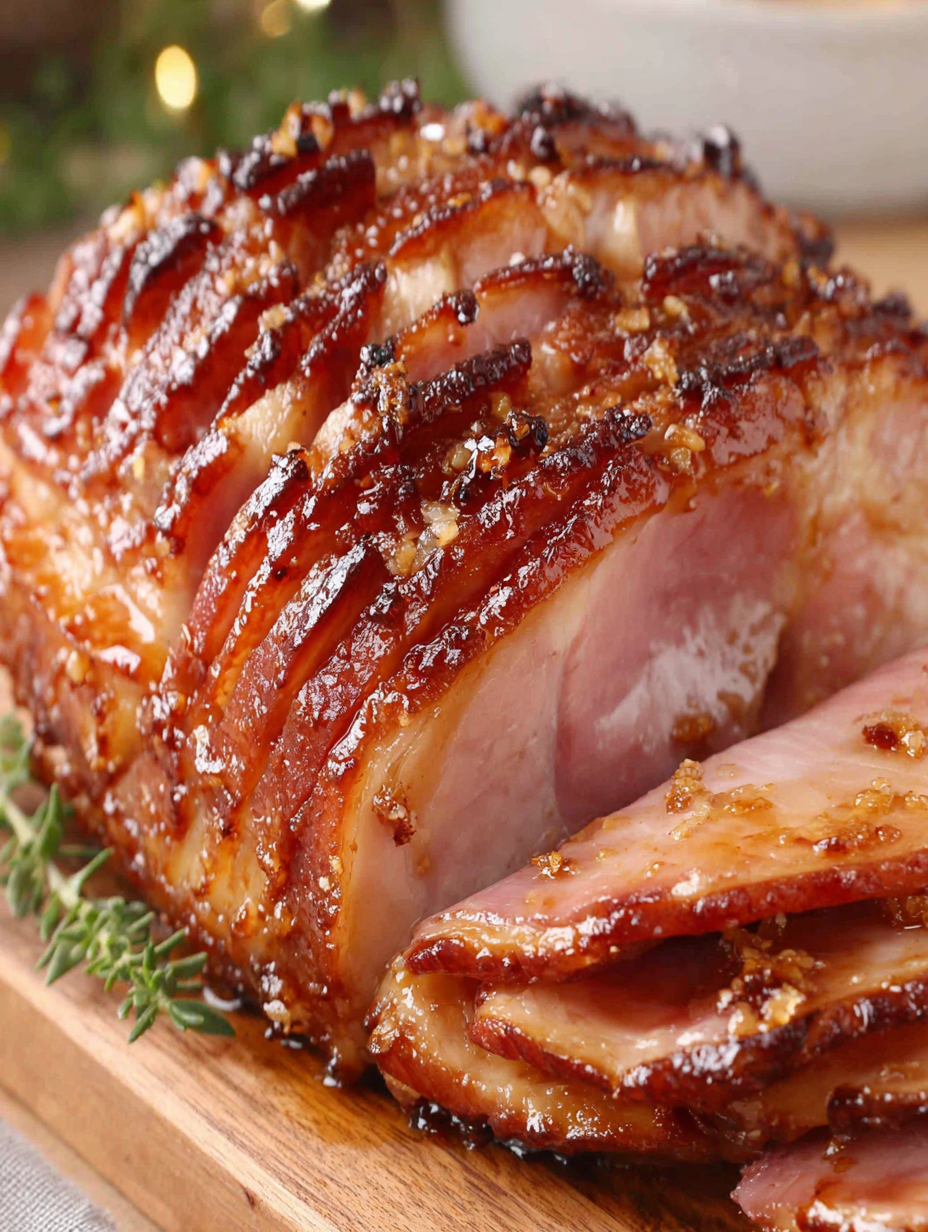 Glazed spiral ham on a roasting pan with cloves and basting brush
