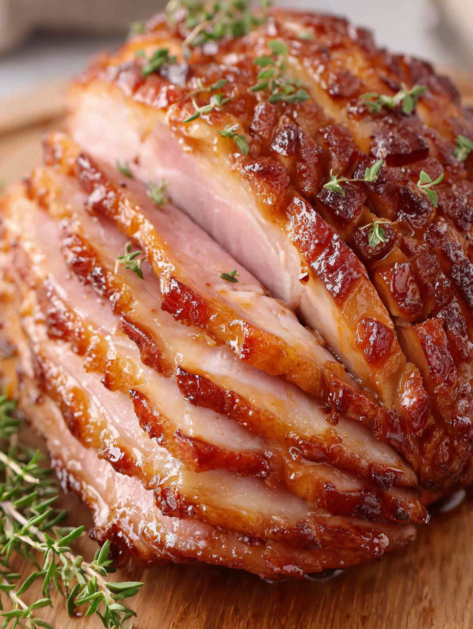 Close-up of caramelized bourbon-maple glaze on spiral ham