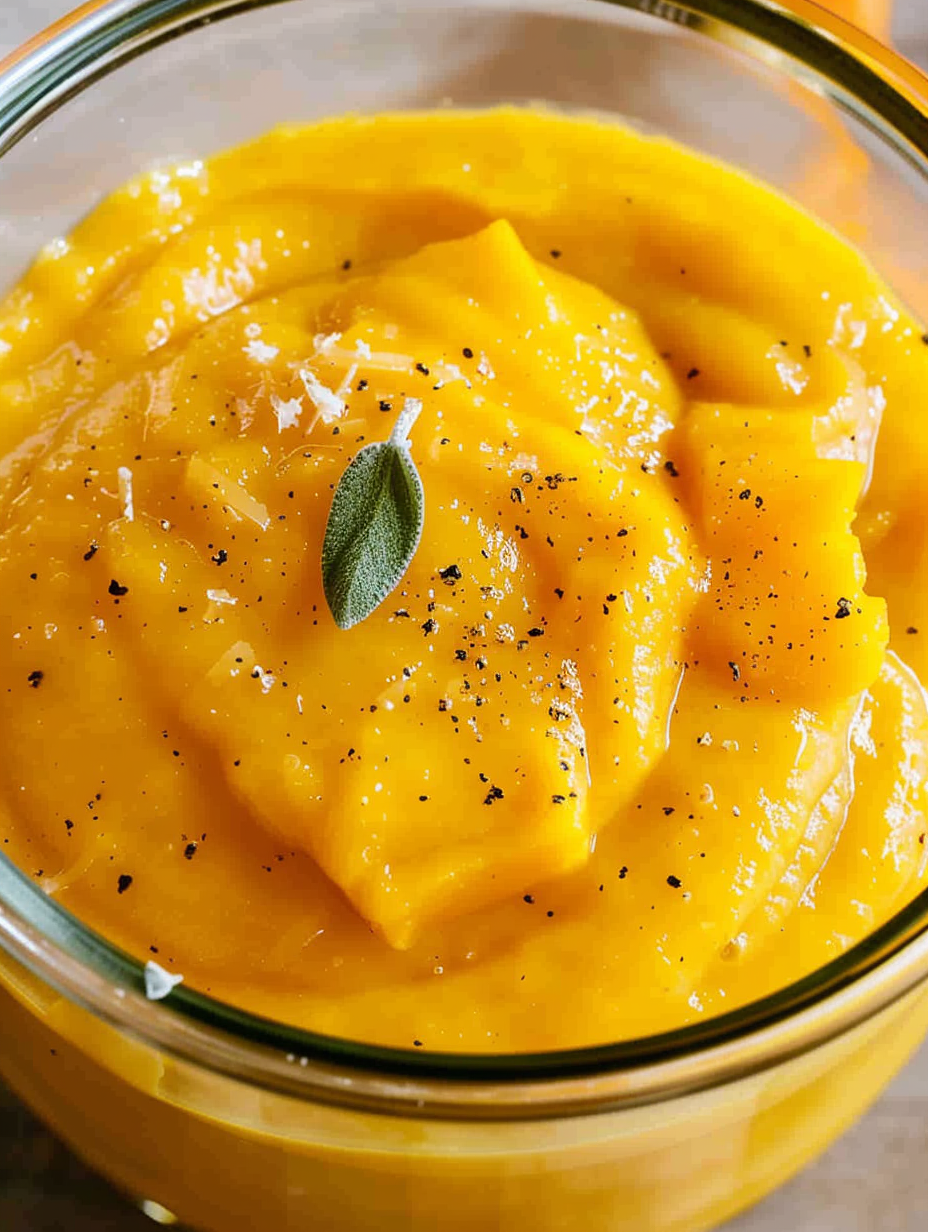 Butternut squash sauce served with pasta and sage