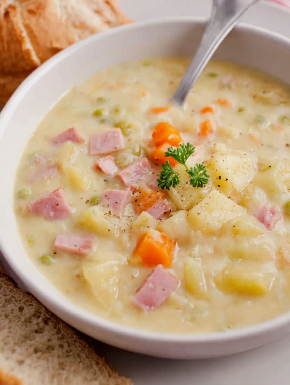 Creamy ham and potato soup in a bowl with garnish