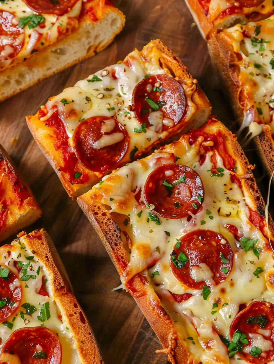 French bread pizza on baking sheet with melted cheese