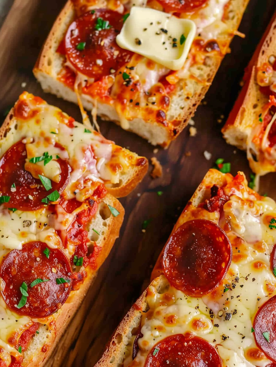Two halves of French bread pizza with assorted toppings