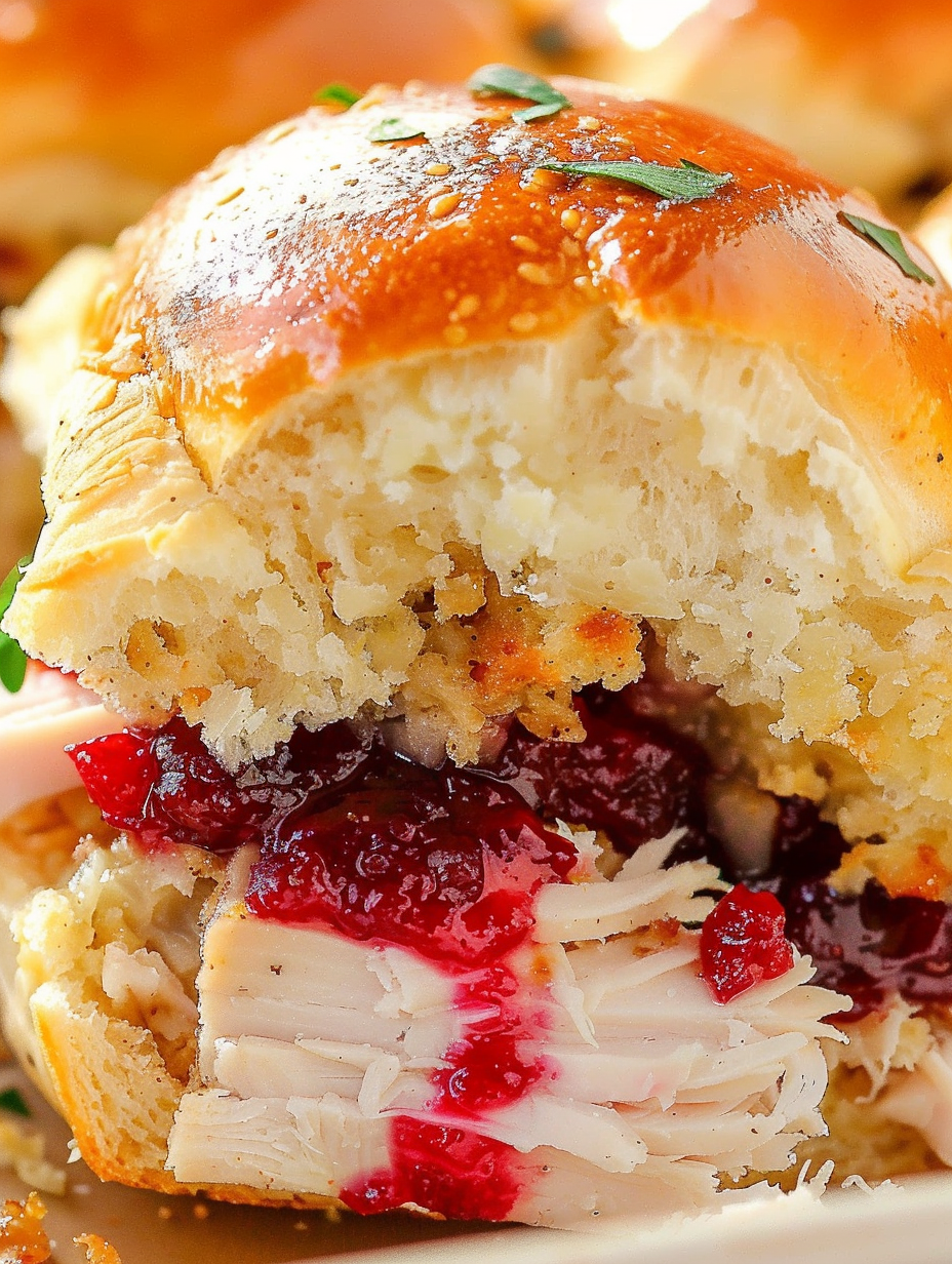 Close-up of a sliced turkey slider with cranberry sauce