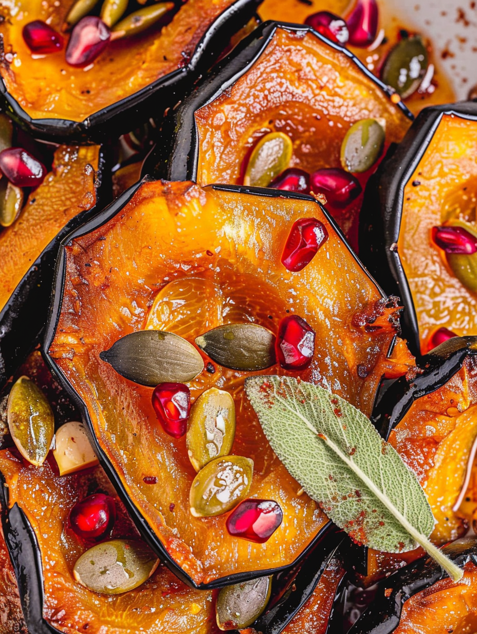 Roasted acorn squash slices on a platter with pomegranate and seeds