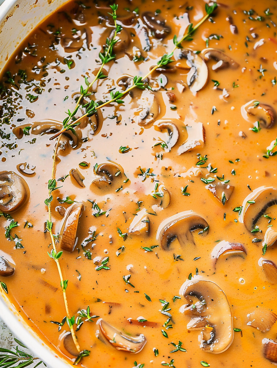 Spoonful of mushroom gravy over mashed potatoes