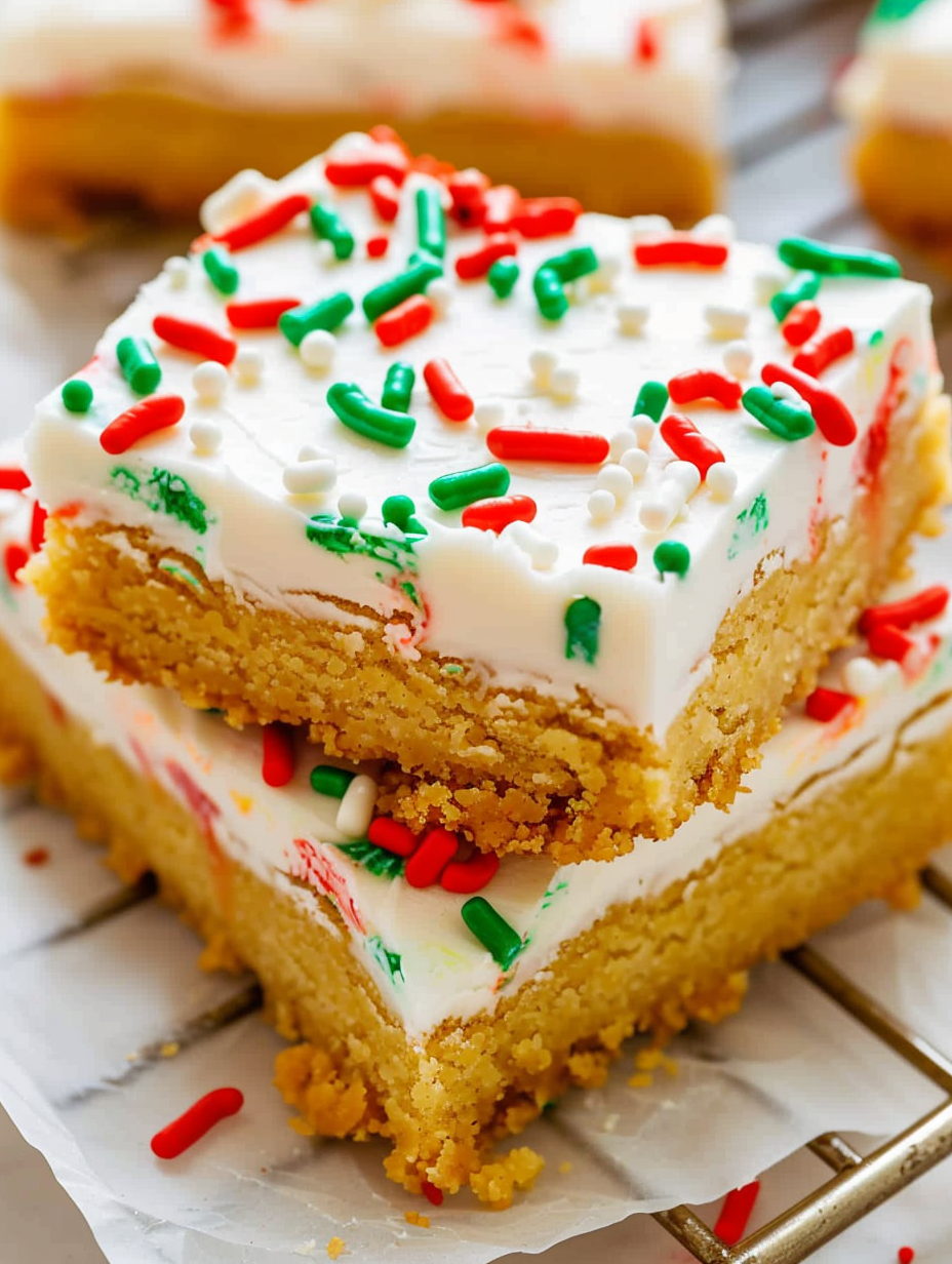 Snickerdoodle bars with frosting on cooling rack