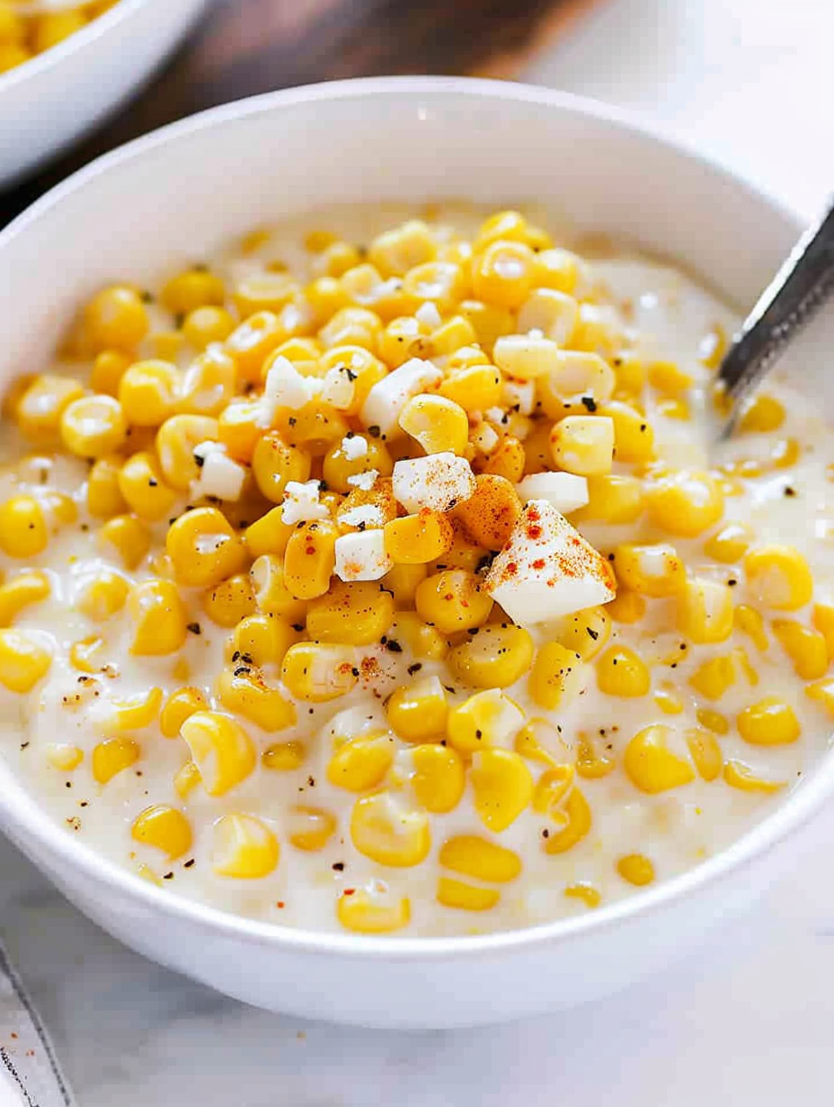 Creamy corn being spooned from a Crockpot into a serving dish