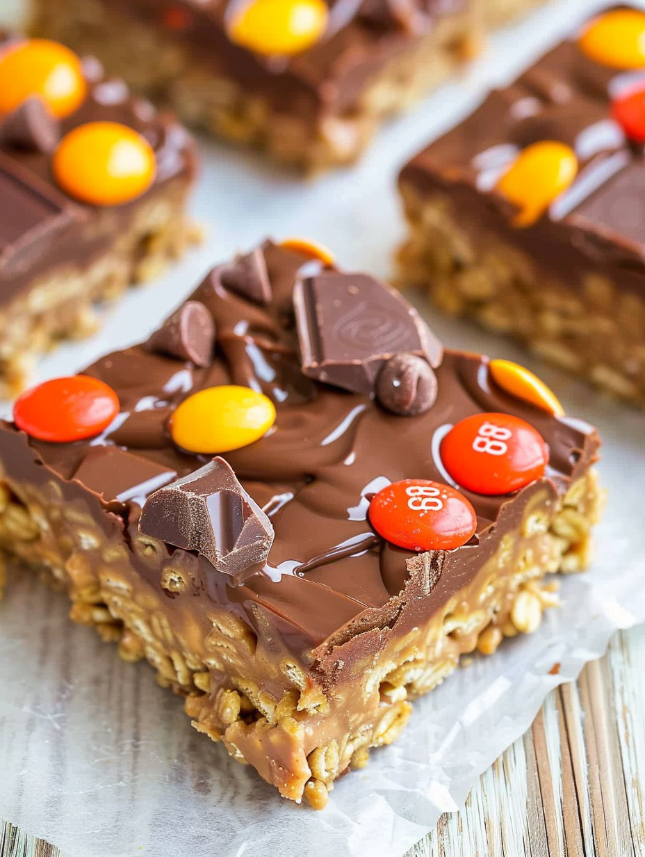 Chocolate peanut butter candy bars cut into squares