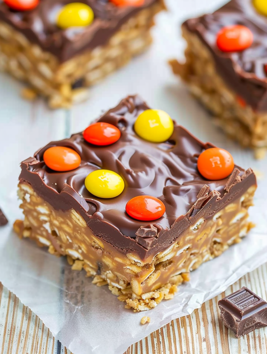 Close up of peanut butter cereal base and chocolate topping