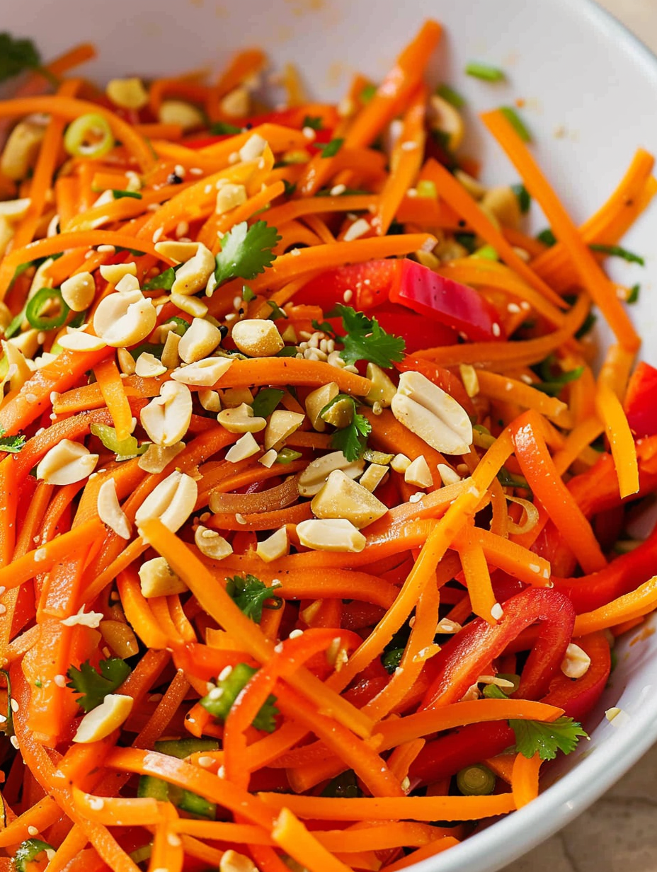 Fresh Korean carrot salad in a bowl with cashews