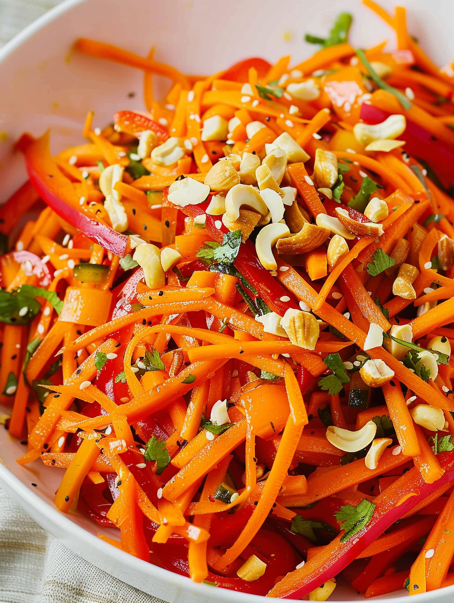 Close-up of Korean carrot salad with red peppers