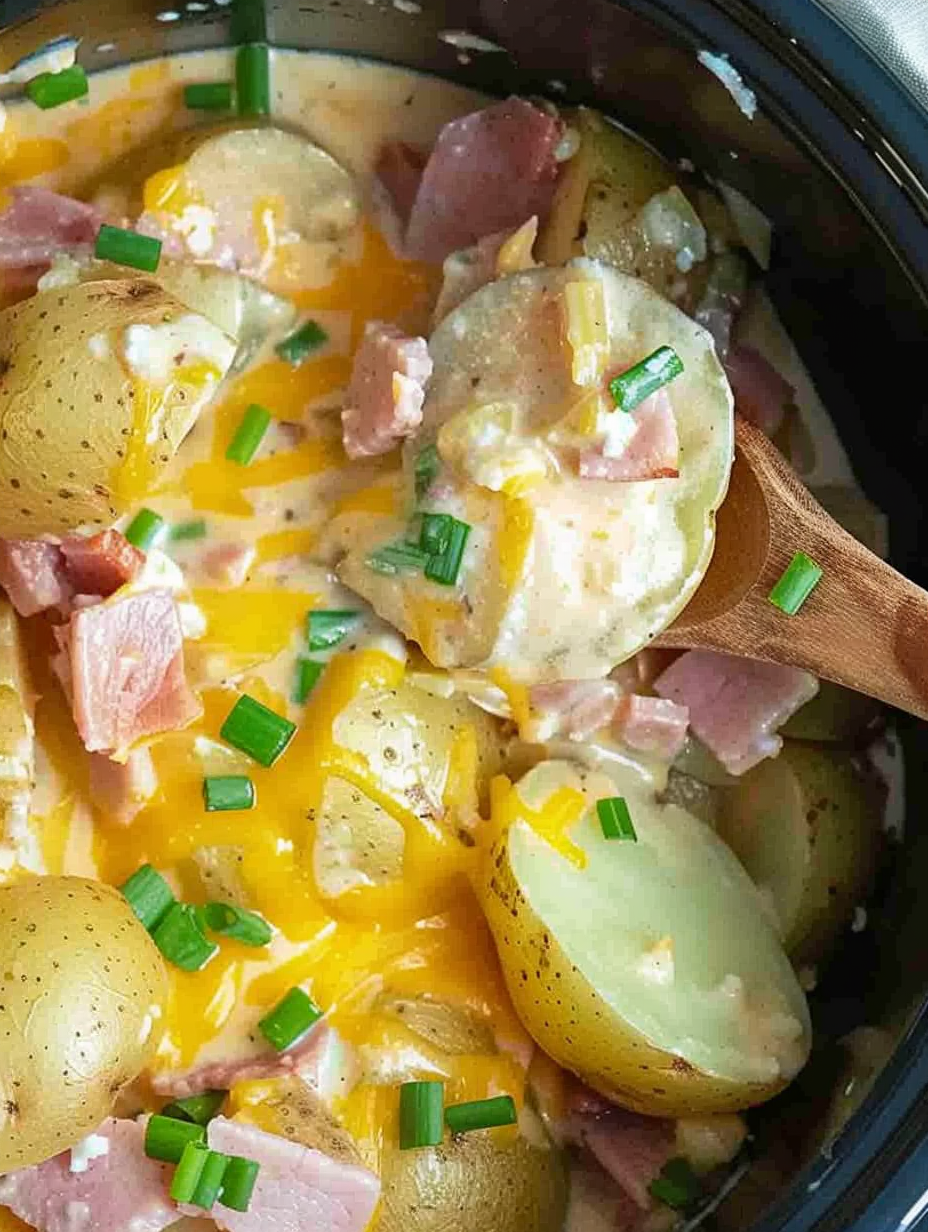 Creamy ham and potato casserole in slow cooker, golden cheese topping