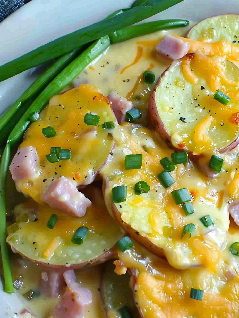 Close-up of layered potatoes, ham, and melted cheddar