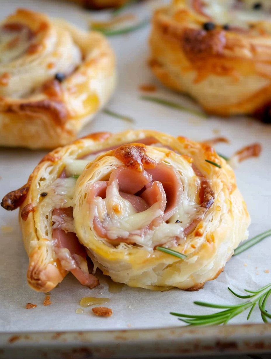 Tray of golden ham and cheese pinwheels fresh from the oven