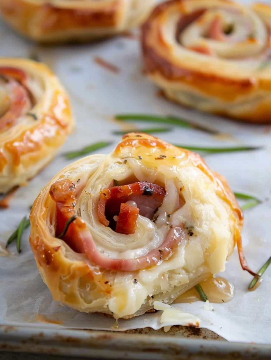 Close-up of a ham and cheese pinwheel showing layers of pastry and cheese