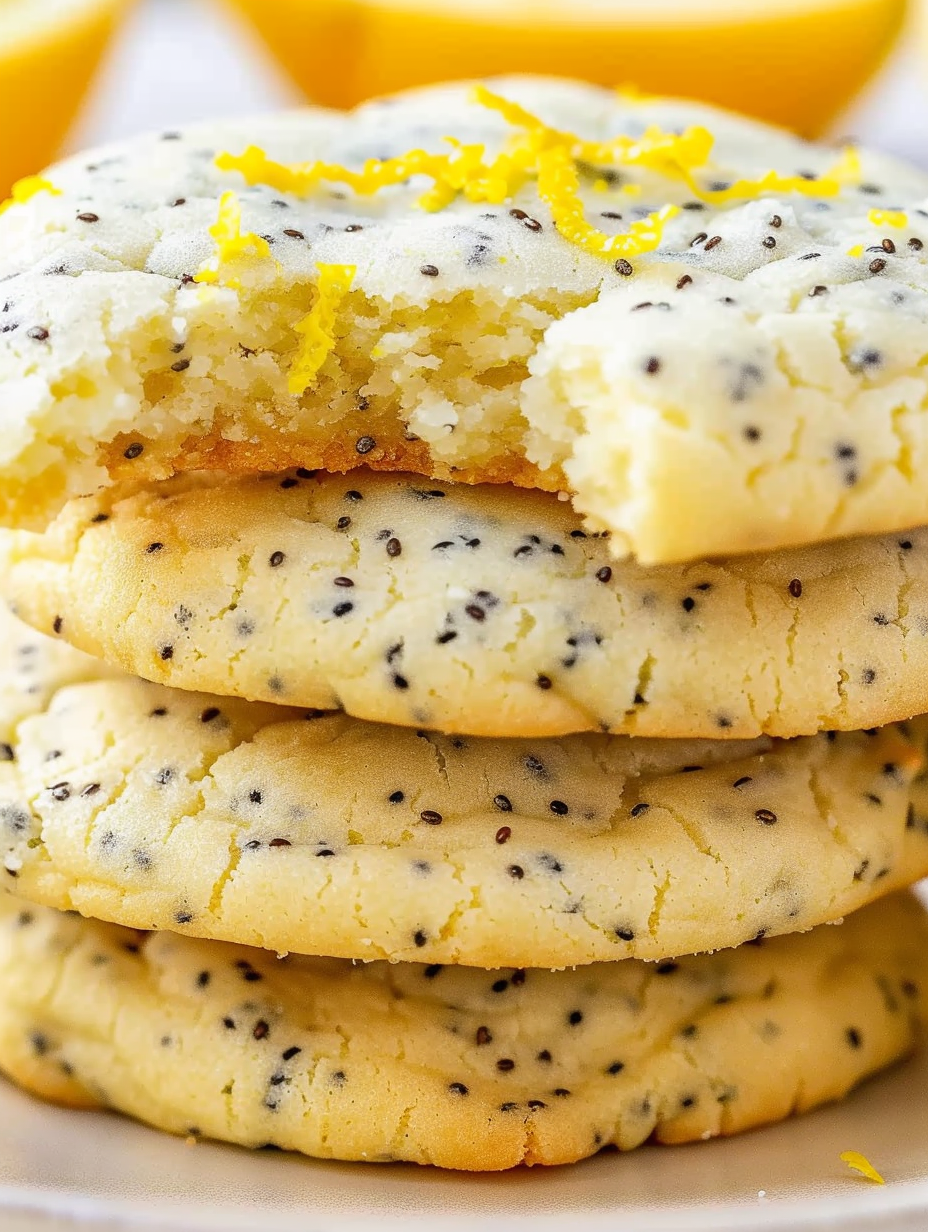 Freshly baked lemon poppy seed cookies on a cooling rack