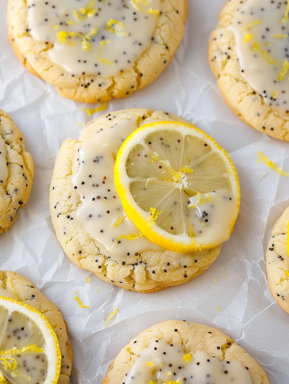 Close-up of lemon poppy seed cookie with glaze drizzle