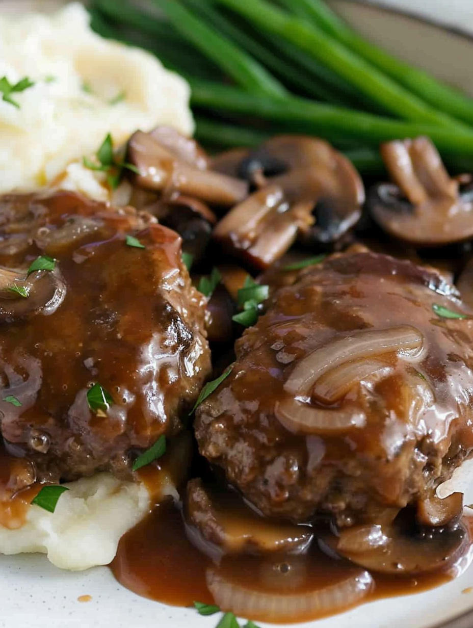 Plated Salisbury steak with mashed potatoes