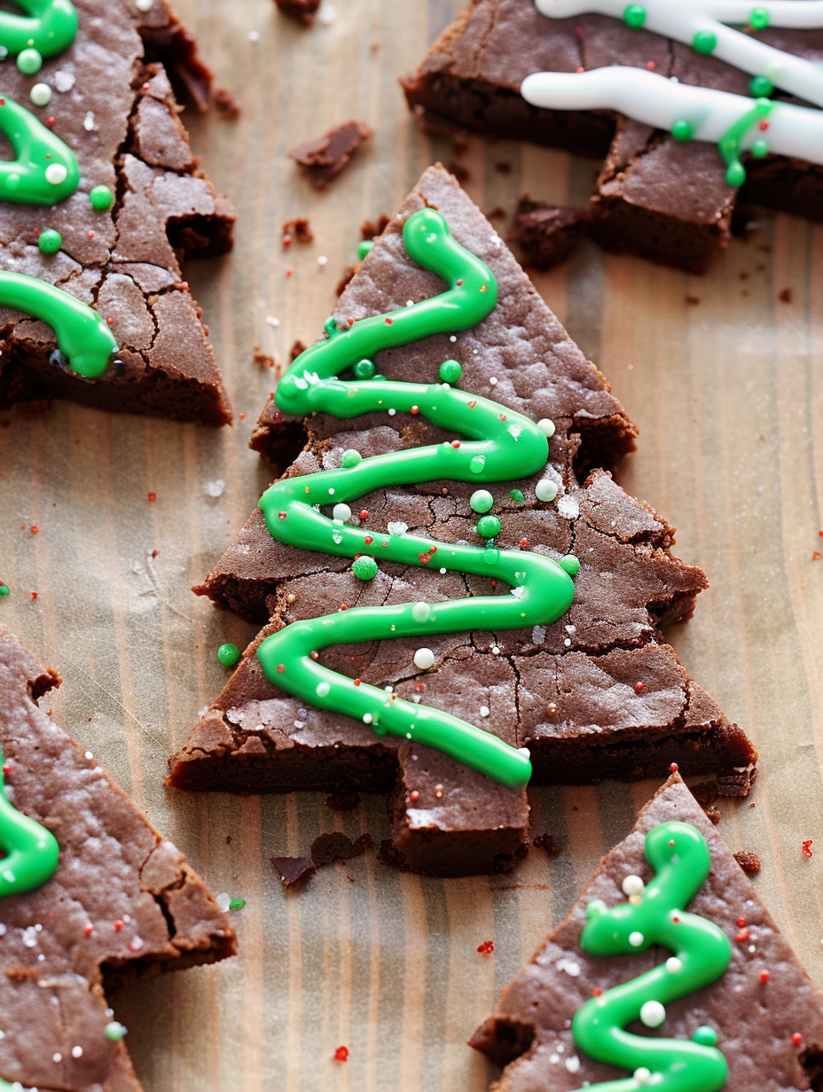 Christmas tree shaped chocolate brownies decorated with green and white icing