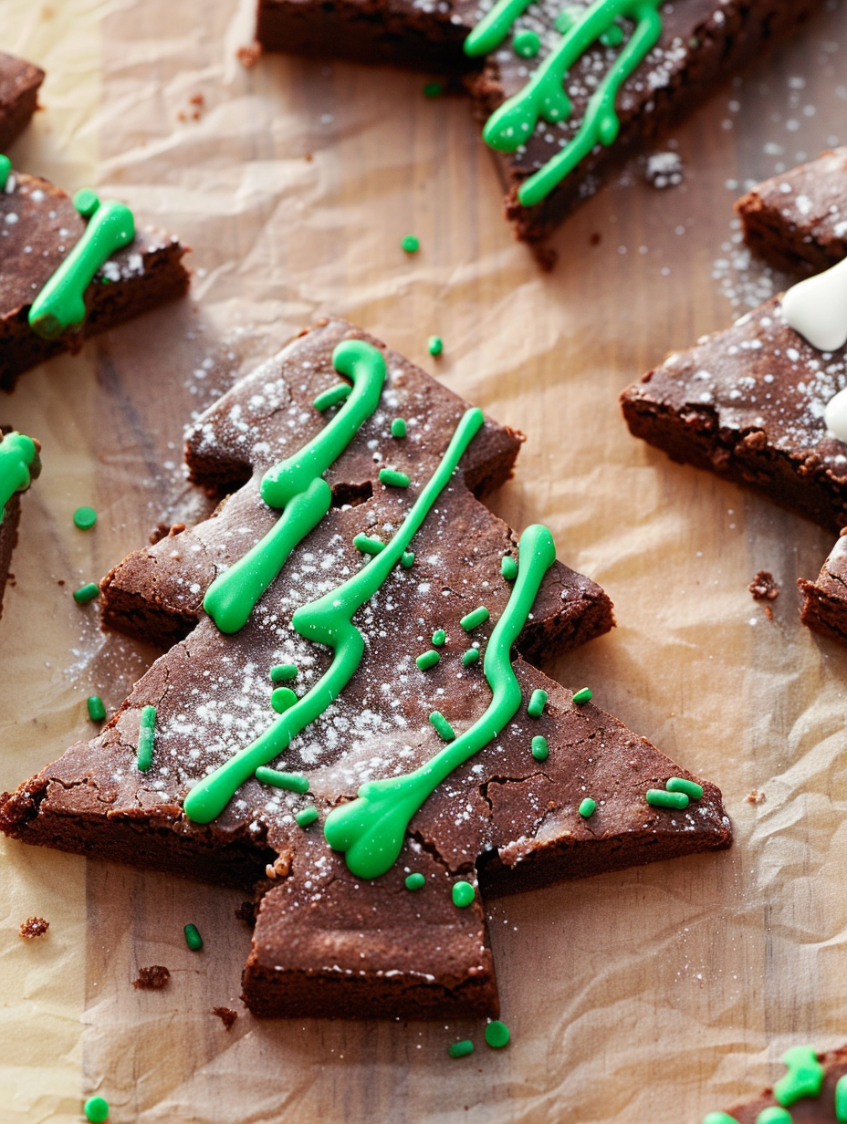 Close up of decorated Christmas tree brownie with sprinkles