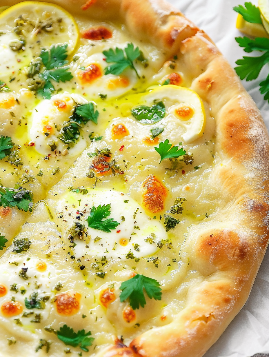 Fresh lemon pizza on parchment with sliced mozzarella