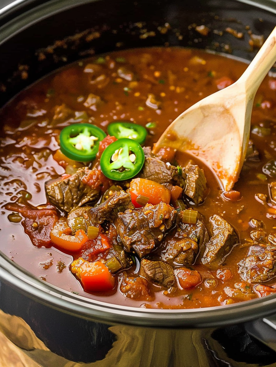 Simmering Texas chili in a slow cooker with chunks of beef