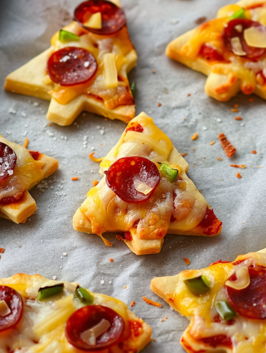 Mini Christmas tree pizzas on a baking sheet
