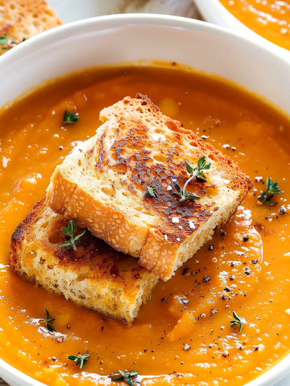 Spicy pumpkin soup in a bowl with grilled cheese croutons