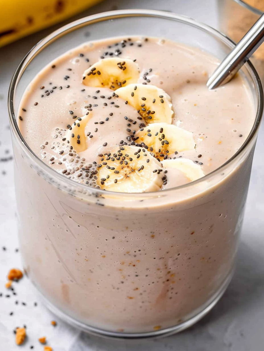Top-down view of two peanut butter banana smoothies