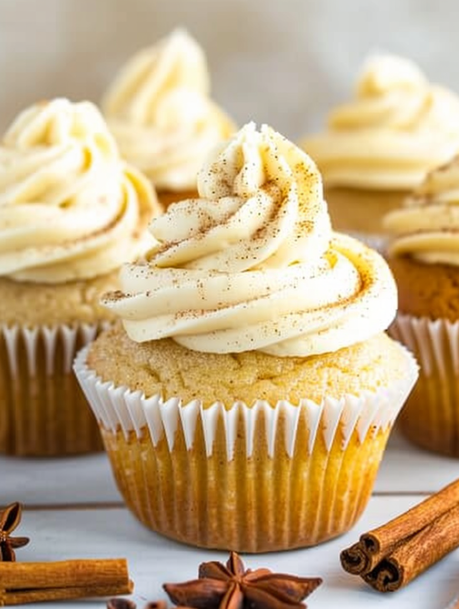Tray of frosted eggnog cupcakes with nutmeg dusting