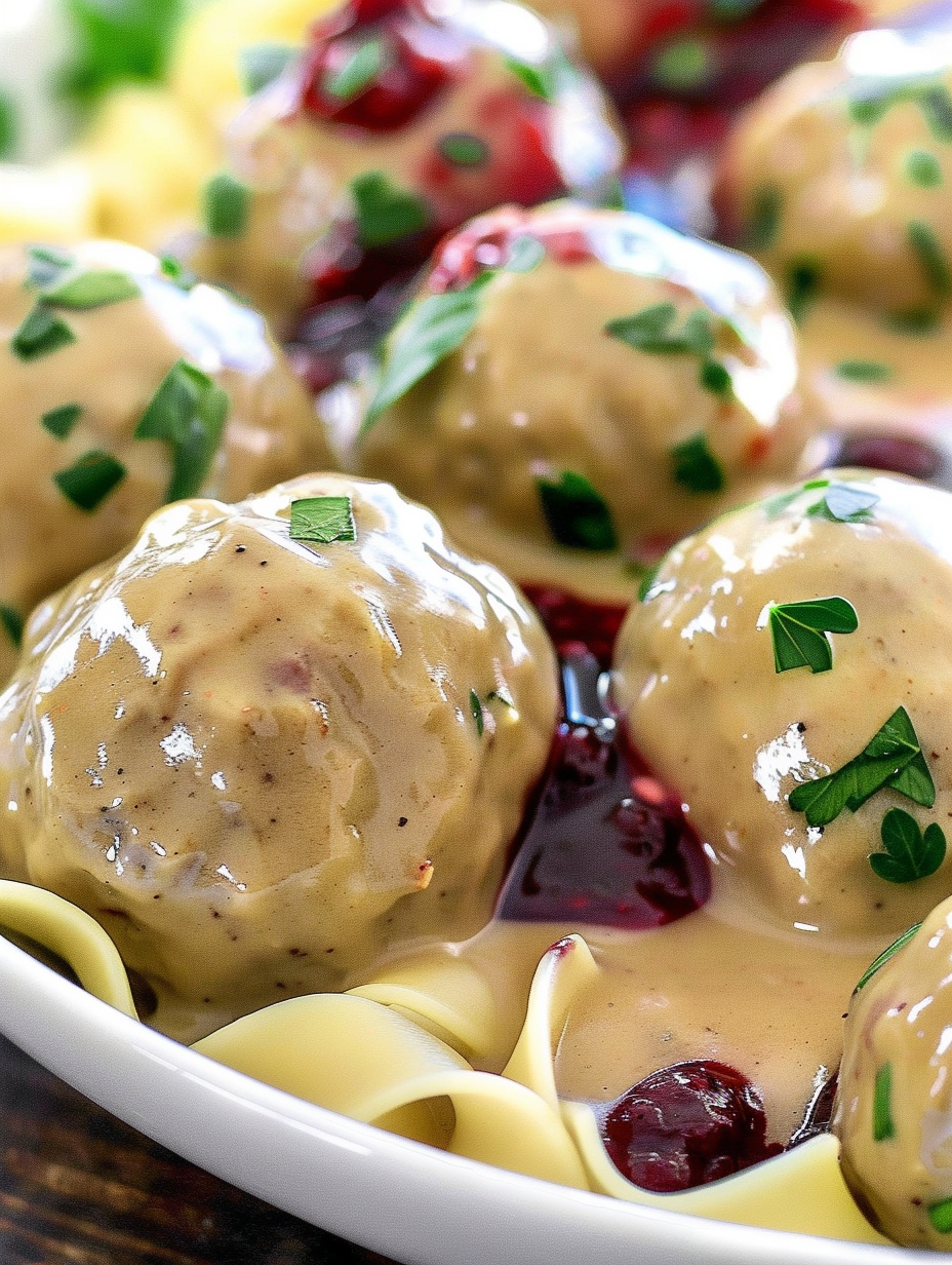 Plated Swedish meatballs with noodles