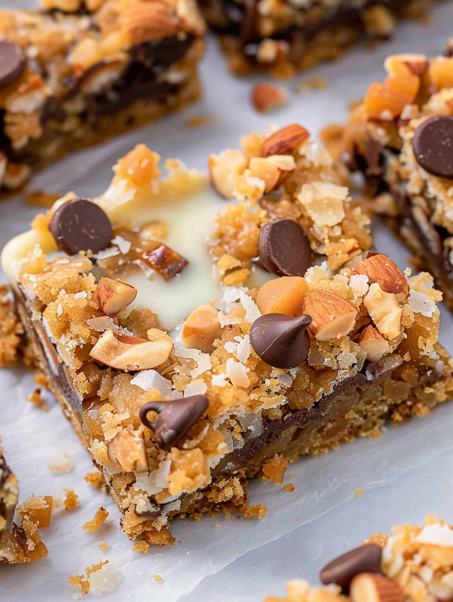 Pan of seven layer magic bars with golden edges