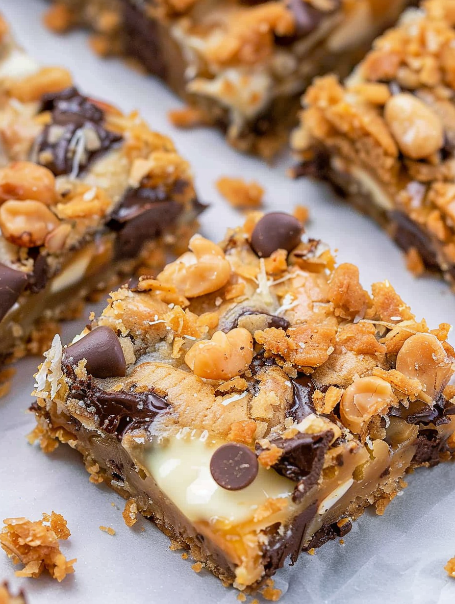 Close-up of a sliced seven layer magic bar showing layers