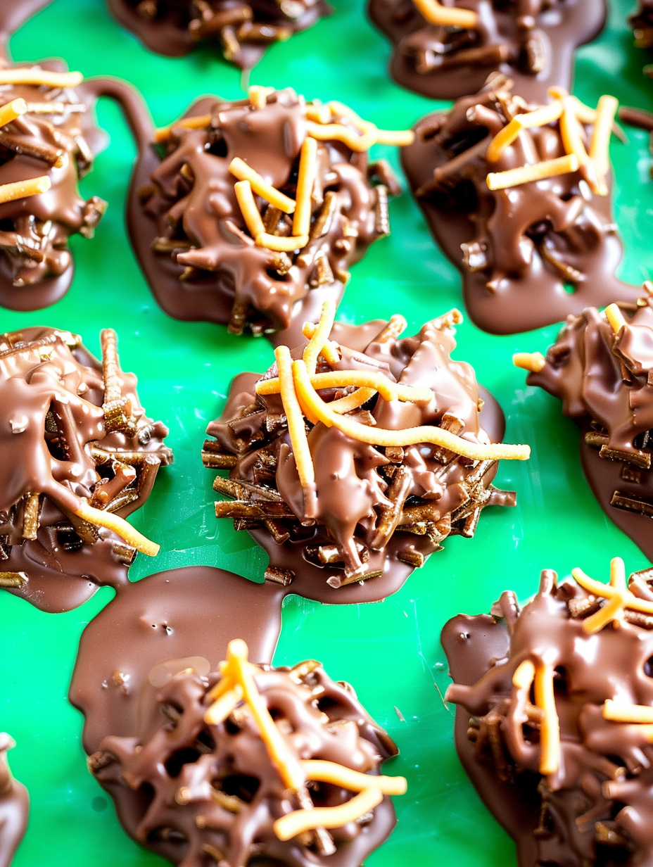 Chocolate haystack clusters cooling on parchment paper