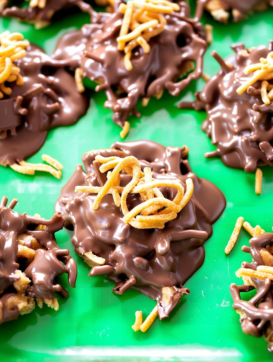 Close-up of a haystack cluster showing crunchy noodles and chips
