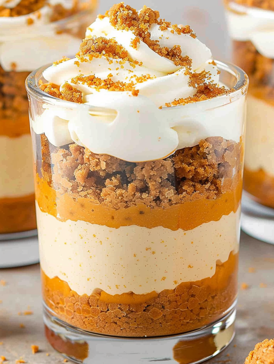 Close up of layered pumpkin filling and cookie crumbs in cups
