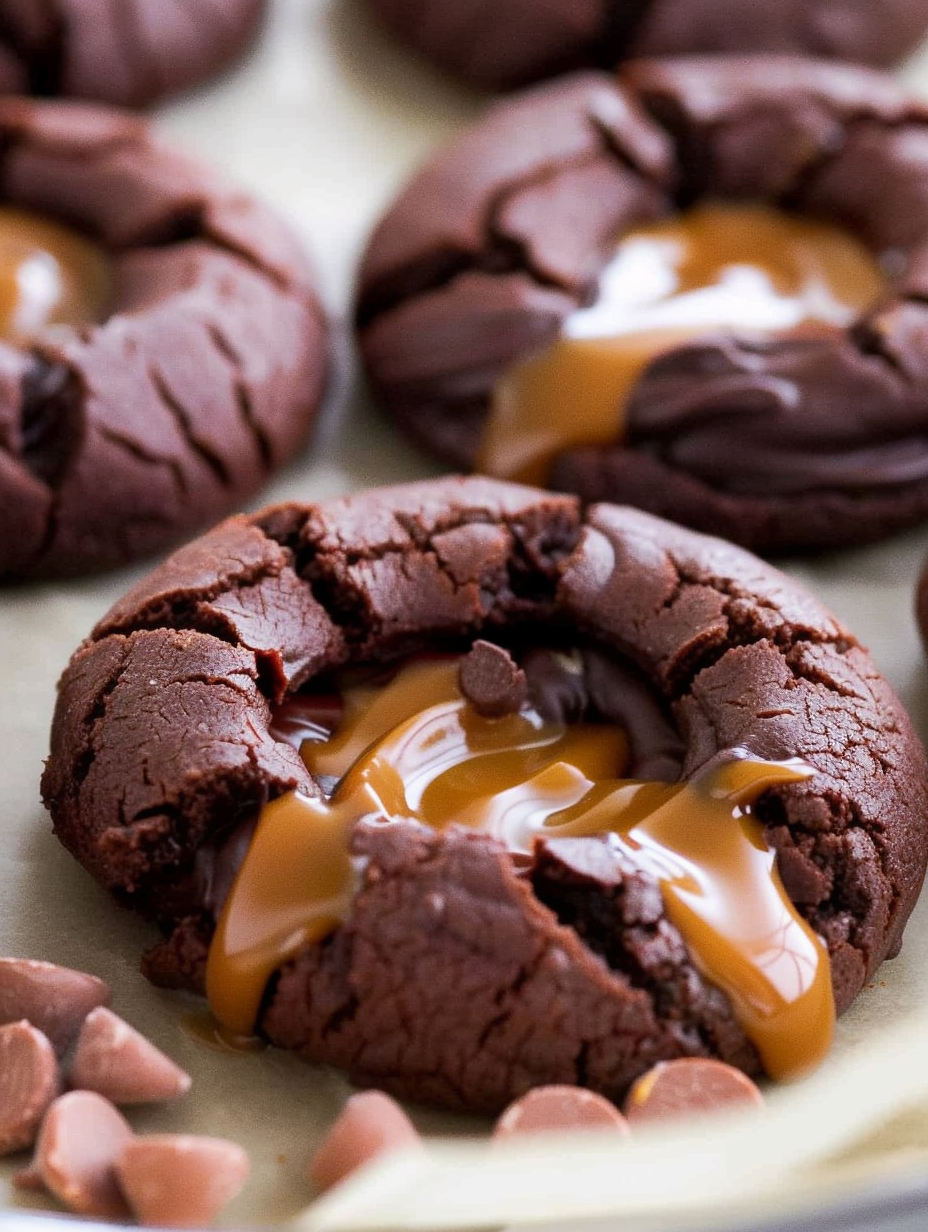 Chocolate Caramel Thumbprint Cookies on baking sheet