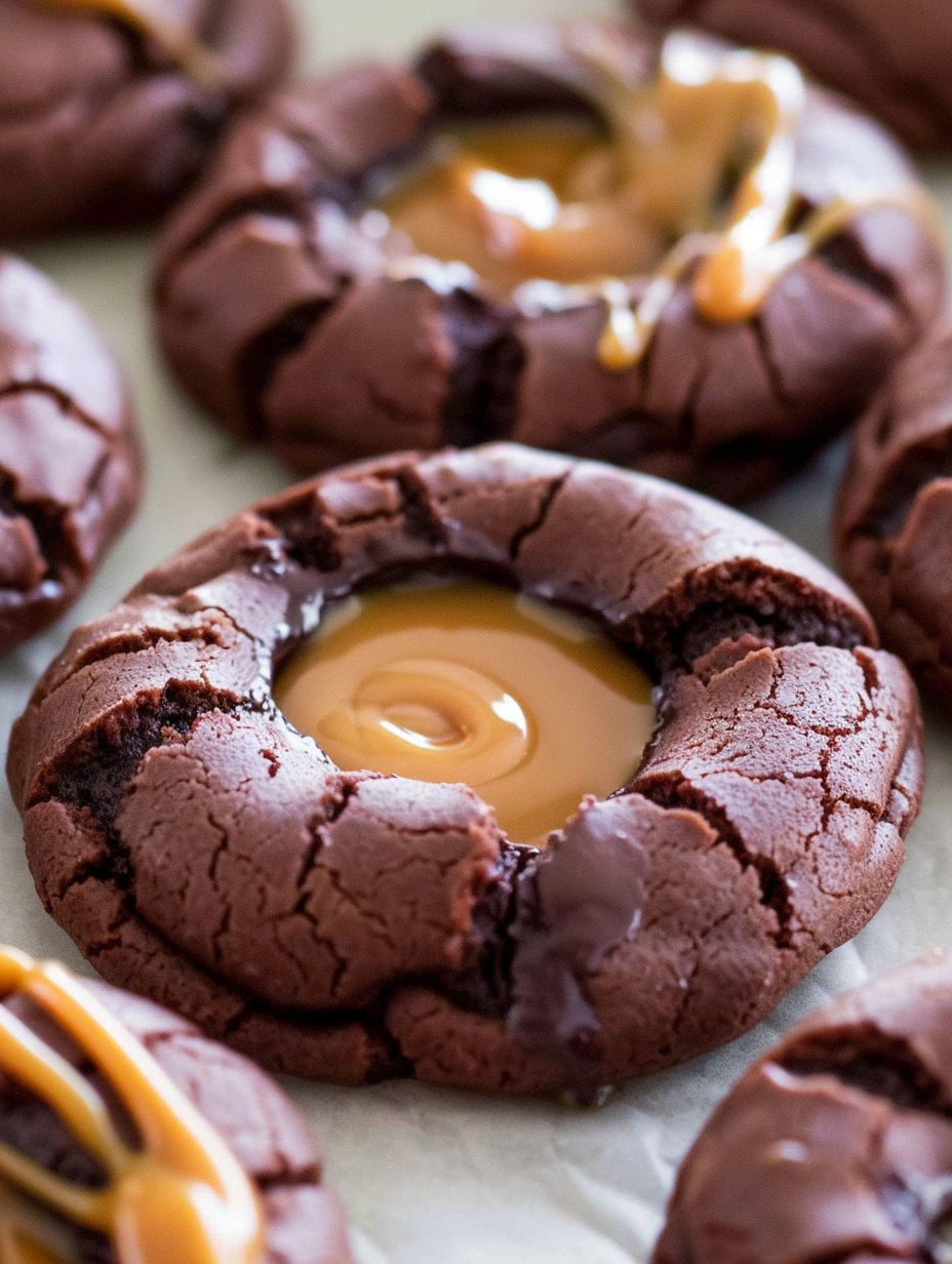 Close-up of caramel being spooned into cookie