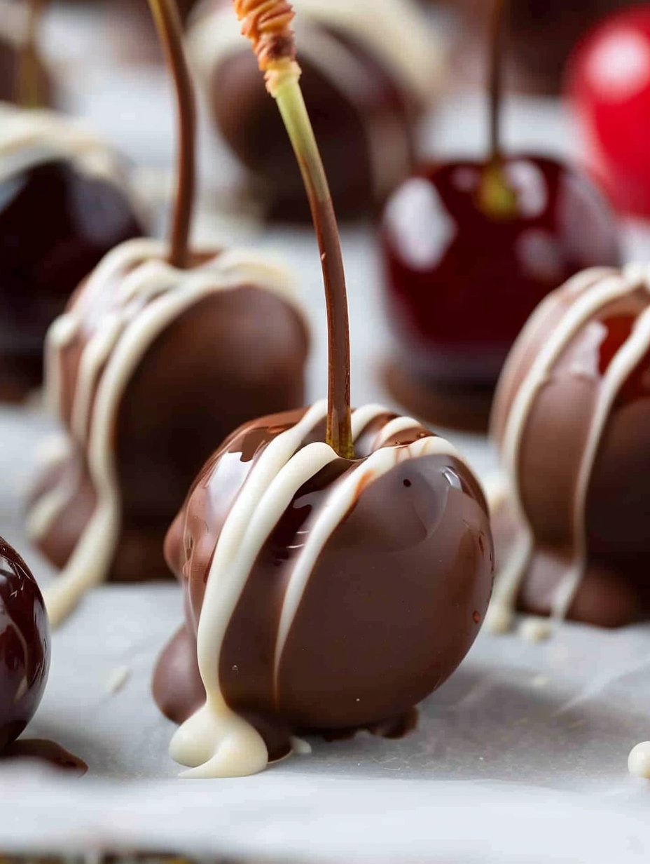 Dipped chocolate cherries on parchment
