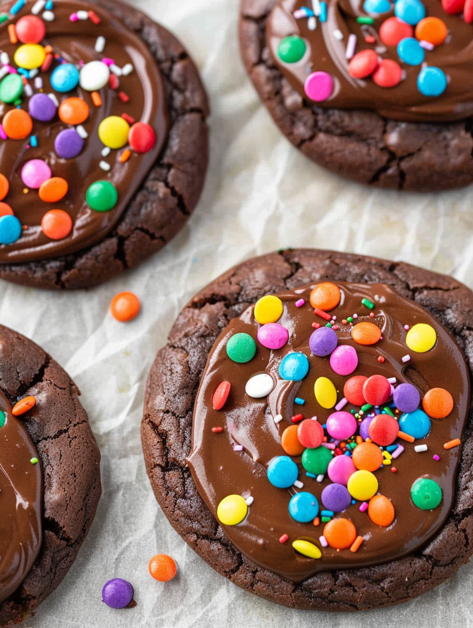 Freshly frosted cosmic brownie mix cookies on a cooling rack