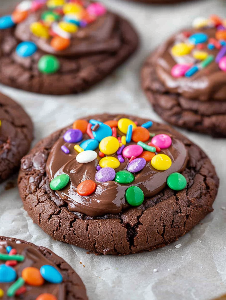Close up of a cosmic brownie mix cookie showing frosting and sprinkles