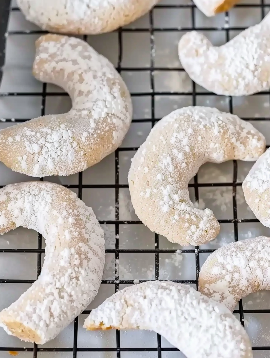 Almond crescent cookies on a baking sheet, dusted with vanilla sugar